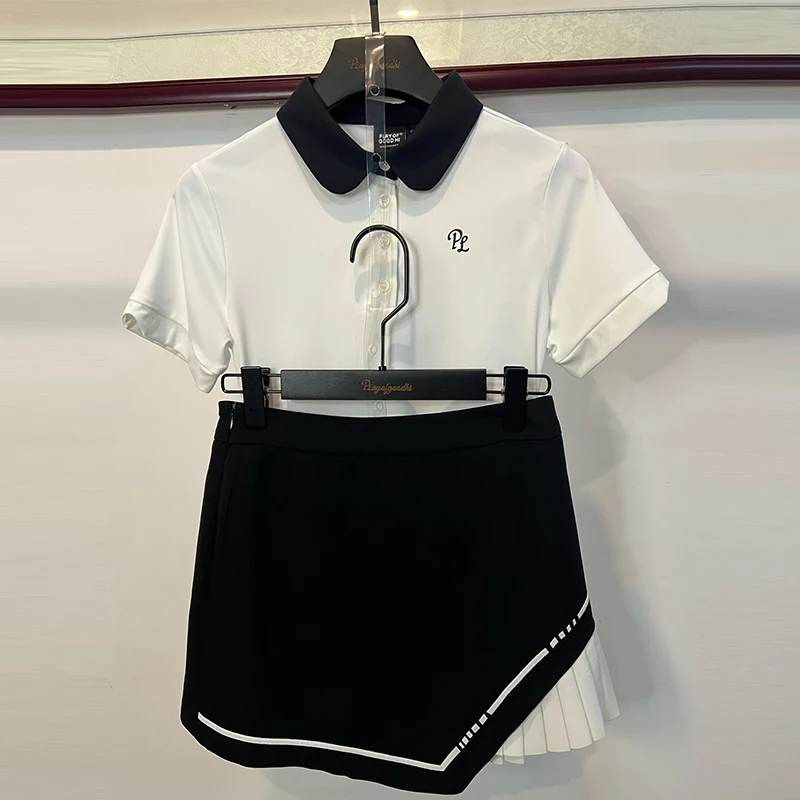 PL Women's Golf Apparel Summer Short-sleeved Polo Top Breathable Thin Quick-dry T-shirt Sports Pleated Skirt A-lined Golf Skorts
