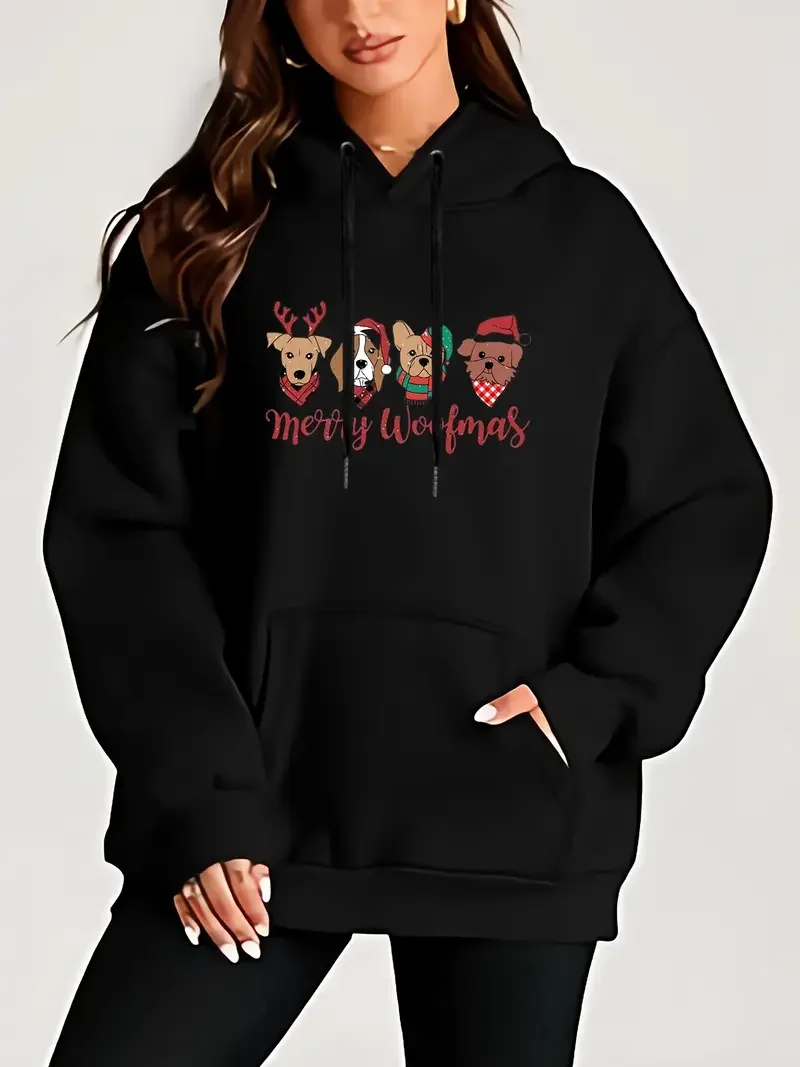 Christmas Dog Print Casual Hoodie, Women's Plus Size Comfortable Classic Hoodie Top Machine Washable 550gsm K Pop Demon Hunter