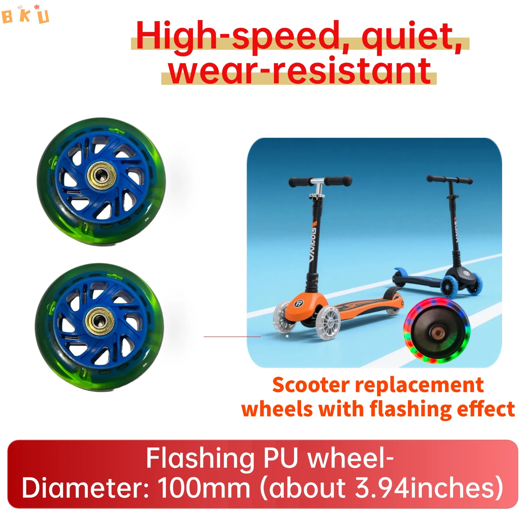 100 mm (4 Zoll) Blitzrollenräder – stummgeschaltete, langlebige, leuchtende PU-Räder, geeignet für Inline-Skates und Roller (2er-Pack)