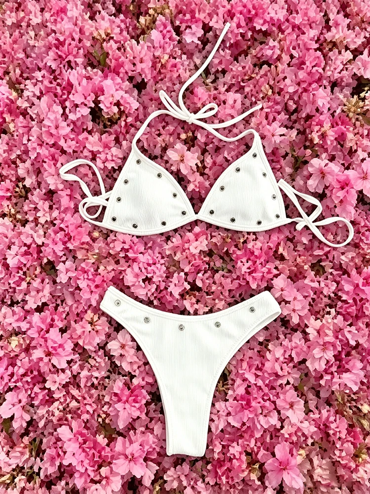 New Y2K Sexy Bikini Triangle Cup American Retro Print Lacing Split Low-Waist Beach Vacation Swimsuit Set