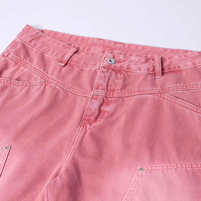 Men's Denim Bermuda Shorts Pink Wide Leg Spliced Cargo Shorts Gradient Wash Loose Summer Workwear Short Jeans 100% Cotton