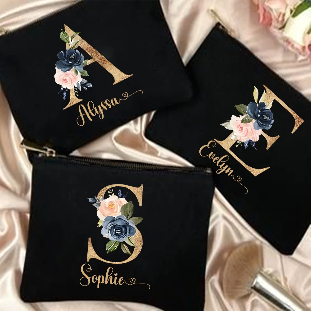 Personalized Makeup Bag Custom Letter with Name Bridesmaid Cosmetic Case Monogram Toiletry Pouch Wendding Birthday Gifts for Her