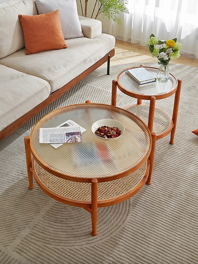 

partment living room household solid wood round edge table Japanese-style Changhong glass cherry wood double round low table log
