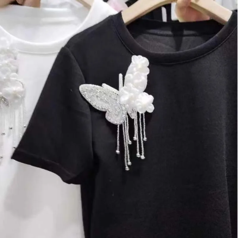 Neploe Fashion Simple Butterfly Tassel O-neck T-shirts Y2k All-match Short Sleeve Tee Shirt 2024 Summer New White Tops Women