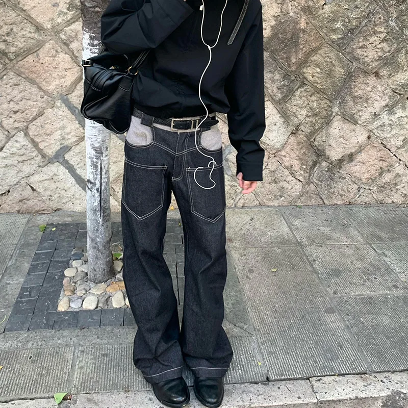 

American Street Retro Cleanfit Straight Leg Long Jeans Trendy Anti-Wear Splicing Bla Knife Men's Jeans High Elastici...