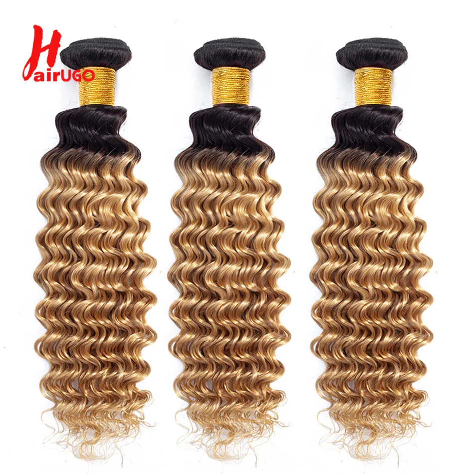 HairUGo T1B27 Deep Wave Human Hair Bundles With Closure Remy Pre-Colored 4x4 Lace Closure With Bundle Hair Weaving Bundle Pack