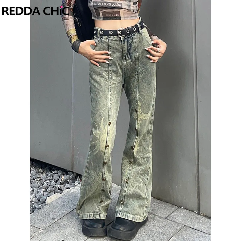 

ReddaChic Y2k Aesthetic Print Button Bootcut Pants for Women Denim Bell Bottoms 90s Retro High Rise Flare Jeans Ladies Trousers