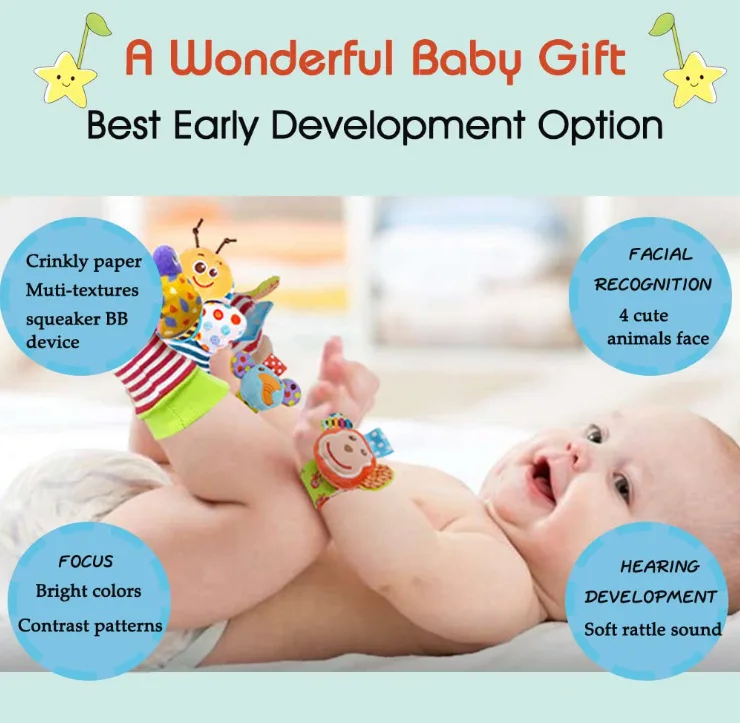 0-3 years old Baby Plush Sock accessories Foot Wrist Rattle Set Cartoons Newborn Educational Toys For Children Learning to crawl