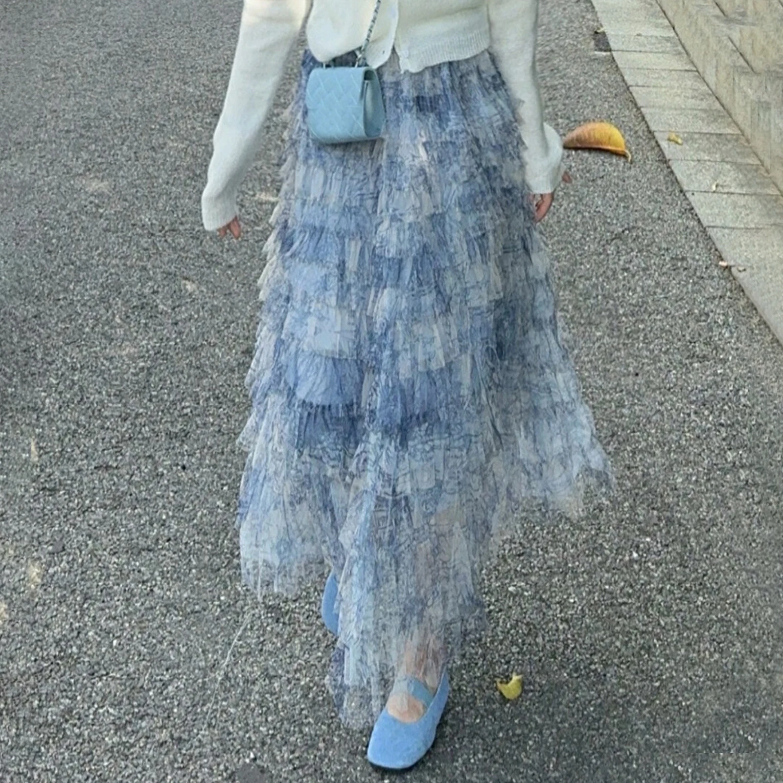 

New Women Tulle Tutu Long Skirt Lightweight Tie-Dye Print Layered Ruffles Elastic A-Line Skirt For Beach Party Streetwear S-XL