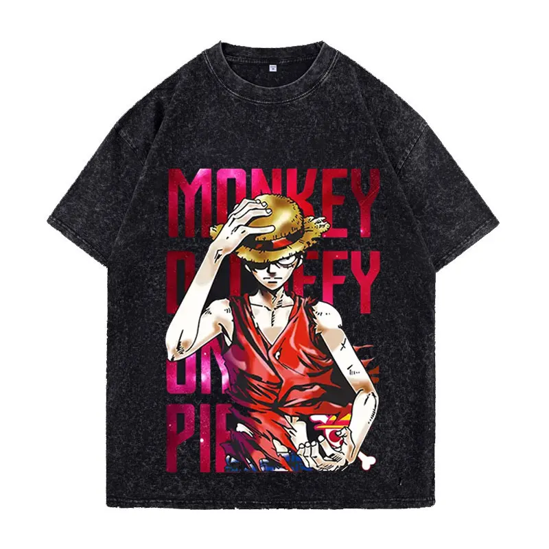 

Men's One Piece Anime Printed T Shirts Vintage Washed Cotton Short Sleeves Tees Harajuku Gym Y2k Clothes Tops Streetwear Summer