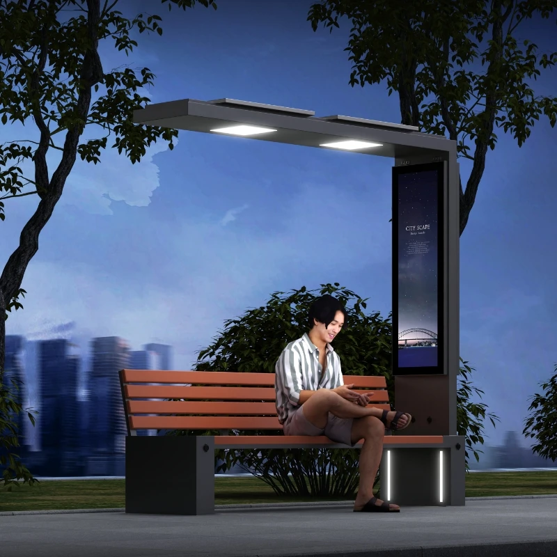 Smart Urban Modern WPC Solar Panel Screen Outdoor Park Patio Bench With Hood Umbrella Lamp 4-Seater