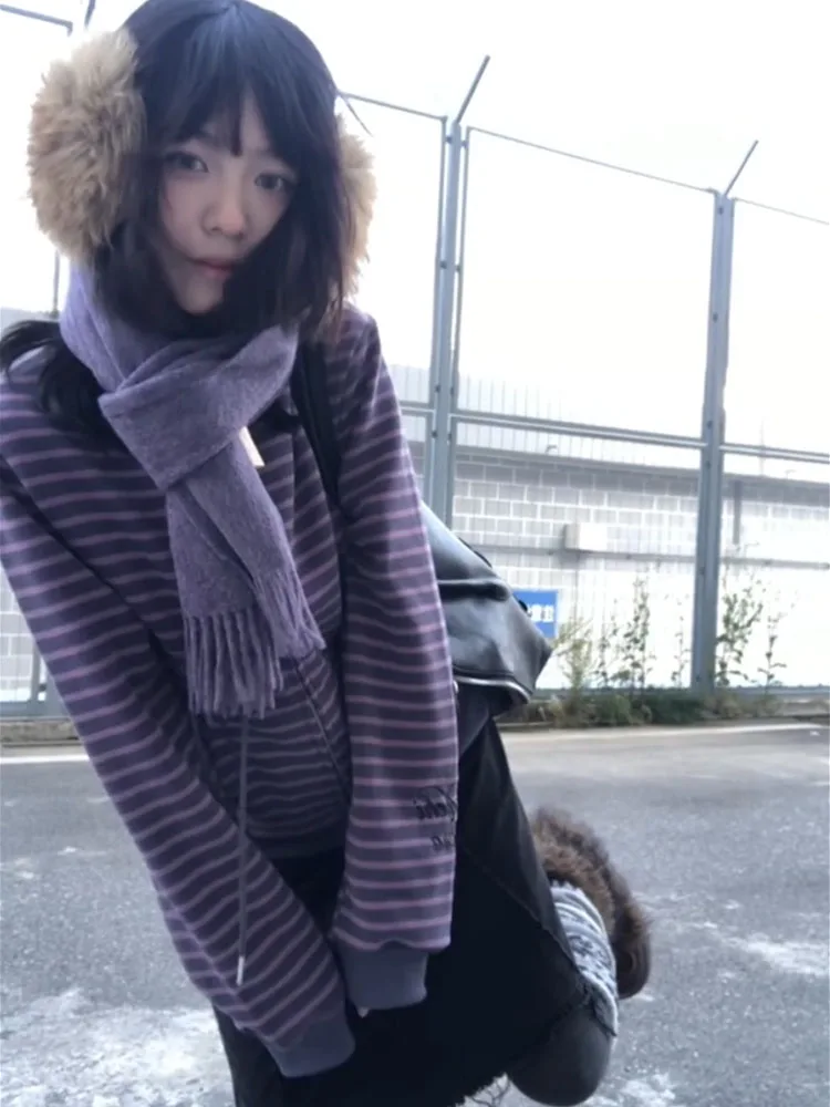 Retro y2k roxo listrado zíper hoodie feminino outono inverno carta bordado tamanho pequeno casual aberto cardigan jaet