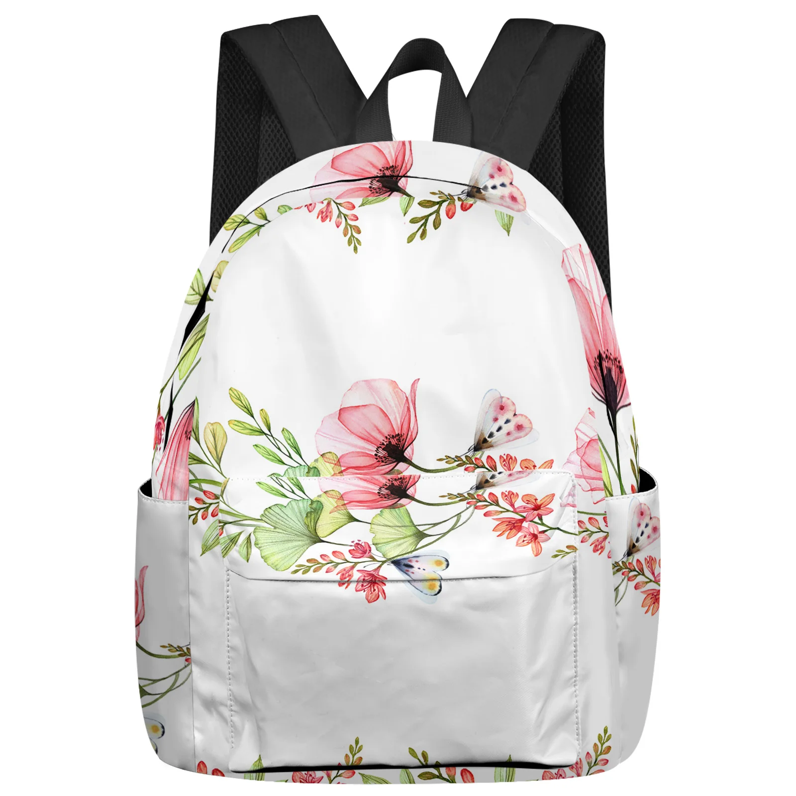 Poppy Flower Butterfly Plant White Student School Bags Laptop Custom Backpack For Men Women Female Travel Mochila