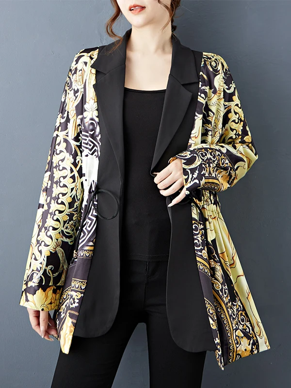 패셔너블한 한국 스타일 프린트 패치워크 실크 수트 재킷 여성용 가을 신상품 브랜드 아우터웨어