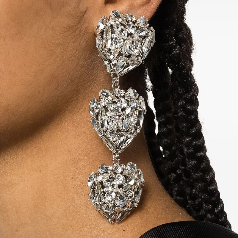 Geometric Crystal Heart Ear Clip Earrings Wedding for Women Luxury Love Rhinestone Long Dangle Earrings No Piercing Jewelry Gift