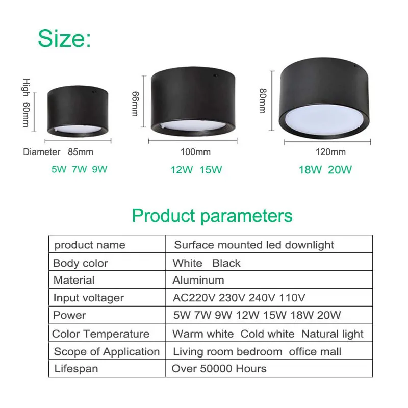 مصباح إضاءة ليد قابل للإضاءة ، إضاءة ليد للأسفل ، إضاءة منزلية ، إضاءة سقف SMD ، 5 وات ، 7 وات ، 9 وات ، 12 وات ، 15 وات ، تيار متردد 86 فولت ، V