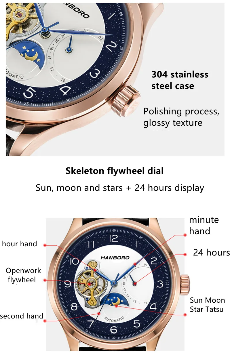 HANBORO Moon Phase Watch 24 Hour Mens Watch Stainless Steel Automatic Mechanical Watches Leather Belt Reloj Clasico 2022 New