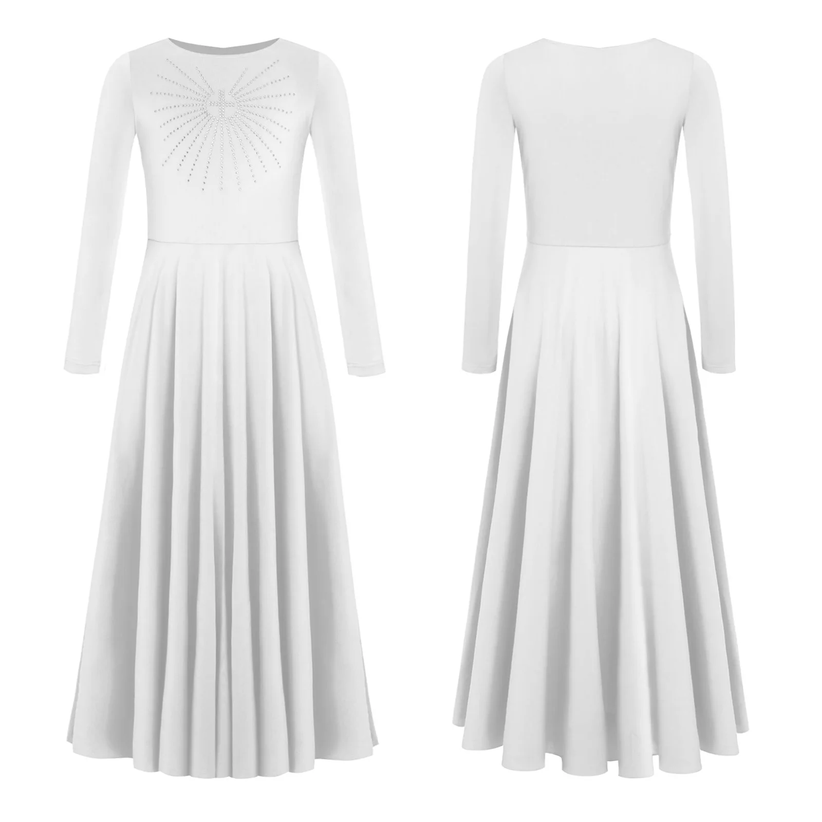 Vestido de baile de alabanza lírico de adoración litúrgica para niñas, bata de coro de iglesia, vestido largo de manga larga con diamantes de imitación brillantes