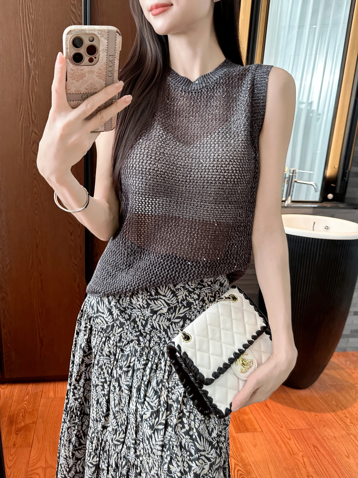 

You See Breathable Knitted Sleeveless Vest Shiny Thread Mesh Texture Comfortable Women's Fashion Elegant Style Spring Season