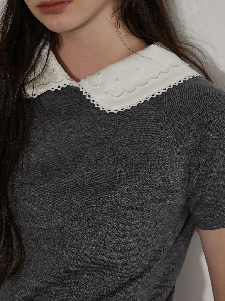 

Lofi Choose Summer New Loose Knitted ort Sve T-irt Women's Faionable Casual Chic Floral Collar Top Versatile Upperwear