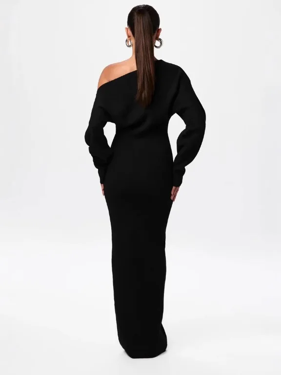 Women's Black One Shoulder Cold Shoulder Long Sleeve Slim Fit Maxi Dress Elegant Casual Daily Fashion Wear