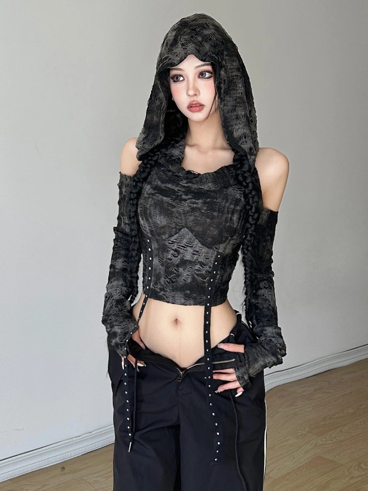 Wasteland Style Old Off-shoulder Hooded Long-sleeved T-shirt Female Slim-Fit Elegant Fashion Short Pullover Hot Girl Punk Coat