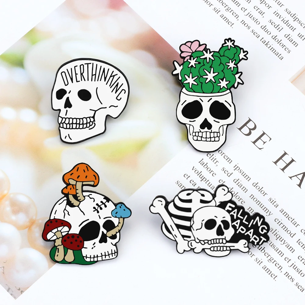 More Styles Halloween Day Punk Skeleton Enamel Pin Women Men Rose Flower Skull Brooches Metal Jean Coat Lapel Pin Badge Jewelry