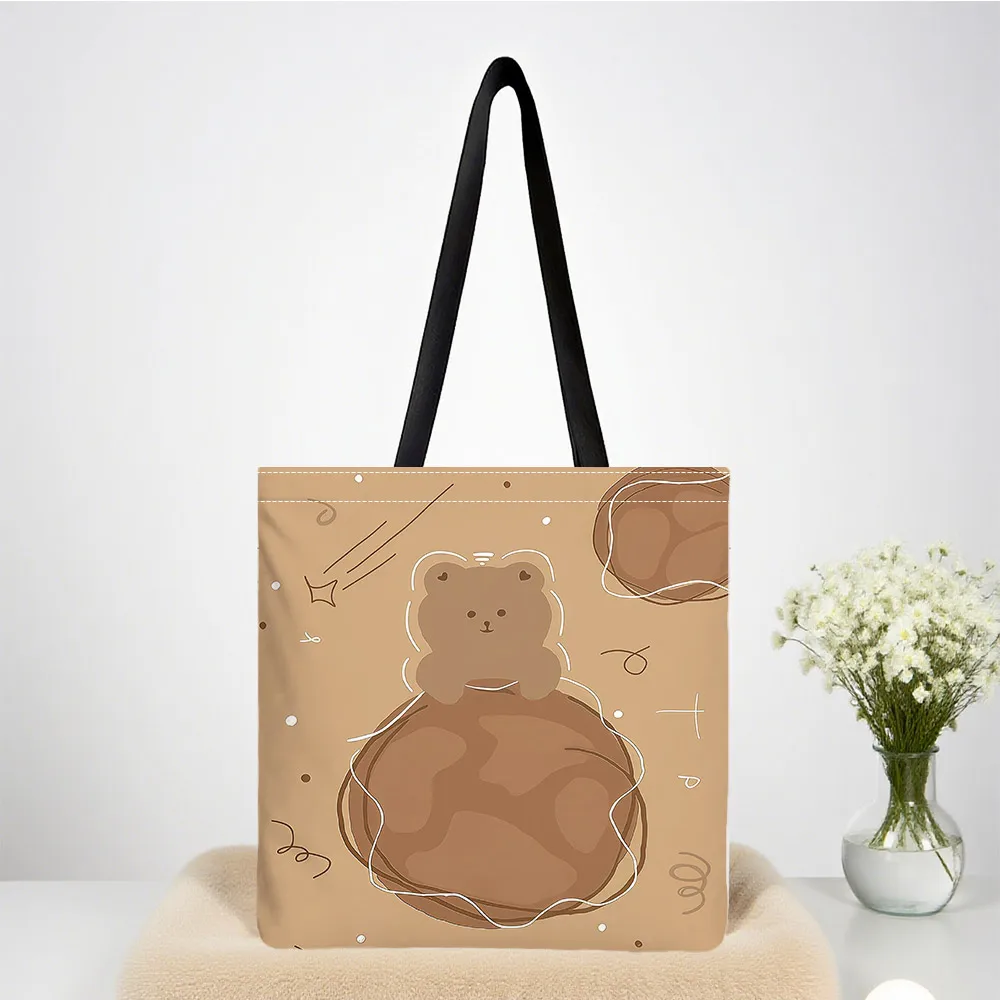 Cosmic Bear Women canvas shoulder bag Dual-Side Printed Black Tote Bag shopping bag Fashionable and fun gift handbag