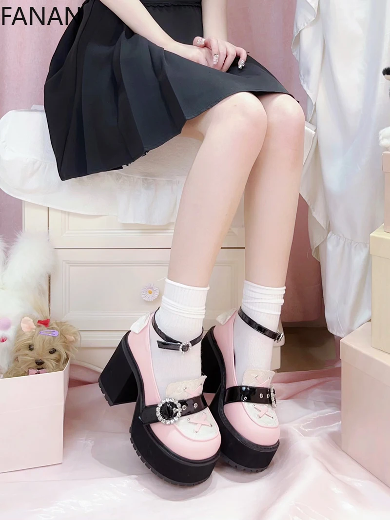 الأصلي فاسق الرياح التعدين أحذية منصة جولة رئيس ثقافة فرعية Jk Kawaii الحلو الأميرة أحذية عالية الكعب أسود أحذية خفيفة الوزن