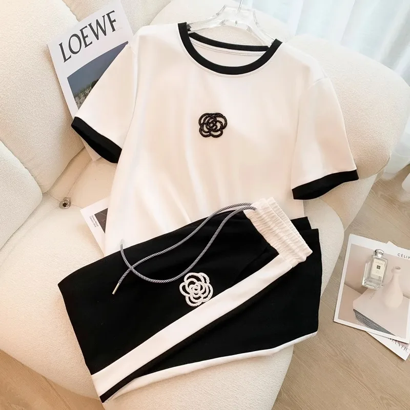 Casual Sports Summer Sets For Women 2 Pieces Round Neck Short Sleeve And Wide Leg Pant Sets New Women Outfit Tracksuits