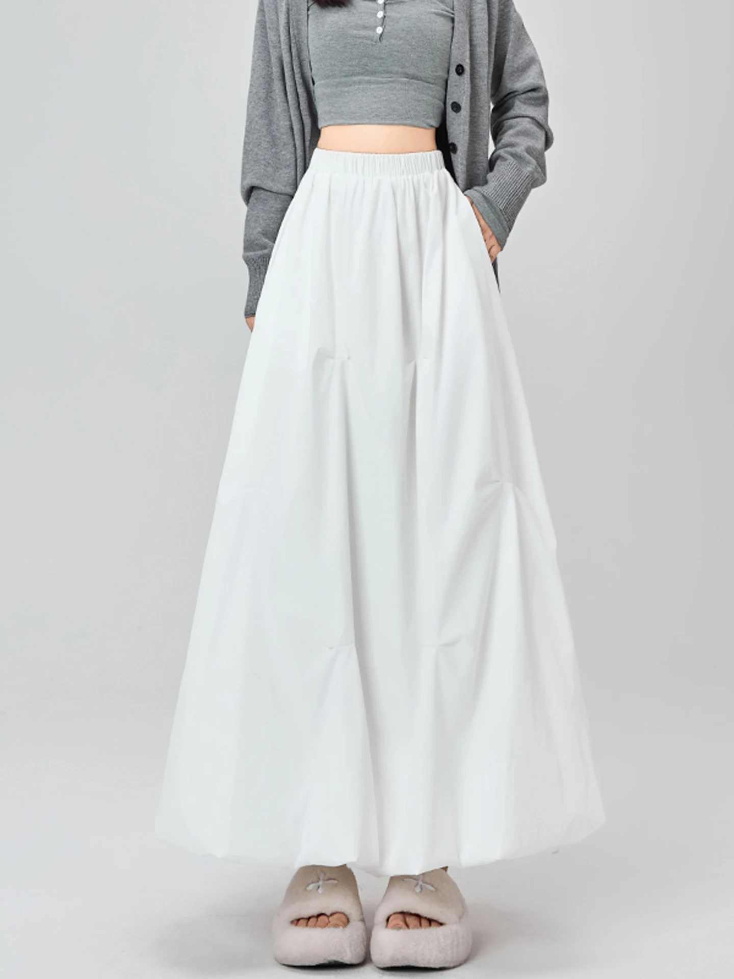 Gonna a trapezio con bocciolo increspato asimmetrico retrò Gonna longuette sottile a vita alta Ampia svasatura Primavera Autunno Gonne versatili multicolori