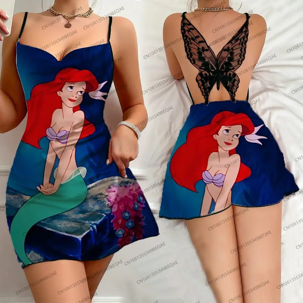 فستان حفلات صيفي 2025 مطبوع عليه أميرات ديزني فستان نوم أنيق من الدانتيل على شكل فراشة للسيدات تنورة بحمالات مريحة بدون ظهر