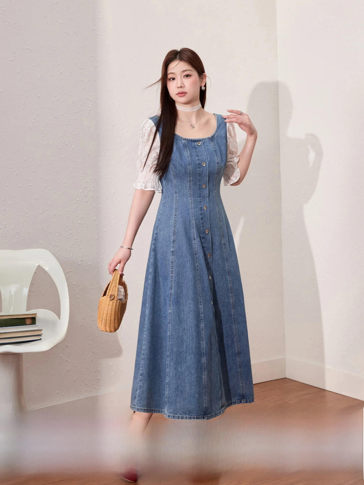 

Blue Language plus Size Retro Ele Slimming Patchwork Denim Skirt Slim Fit Cotton Polyester Blend Summer Workwear Long Dr