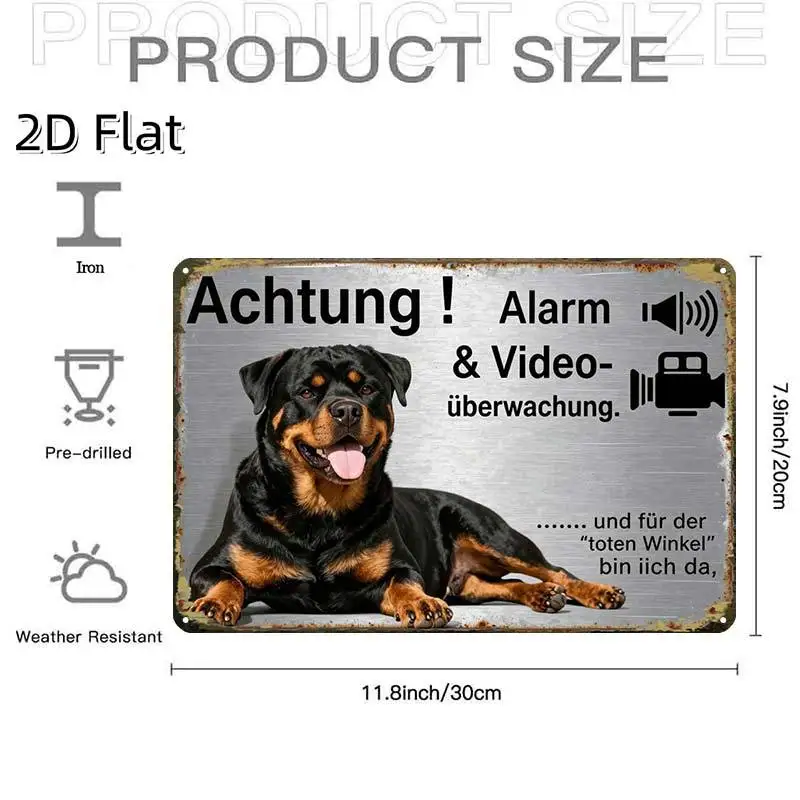 2D Flat Printing Aluminum Sign, Creative Rottweiler Alarm Surveillance Retro Wall Plaque for Home Bar Cafe