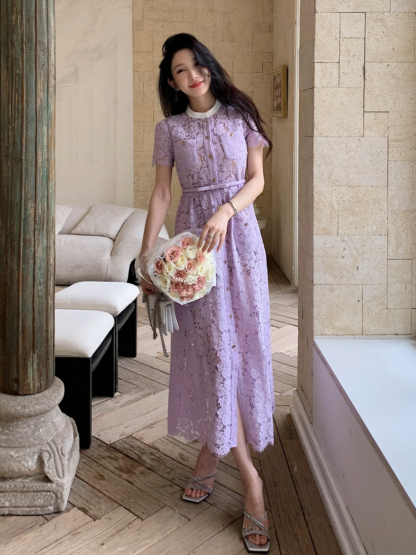 Lace Long Dress 2025 Summer Party Events Women Pocket Belt Patchwork Button Front Short Sleeve Purple Elegant Maxi Dress Prom