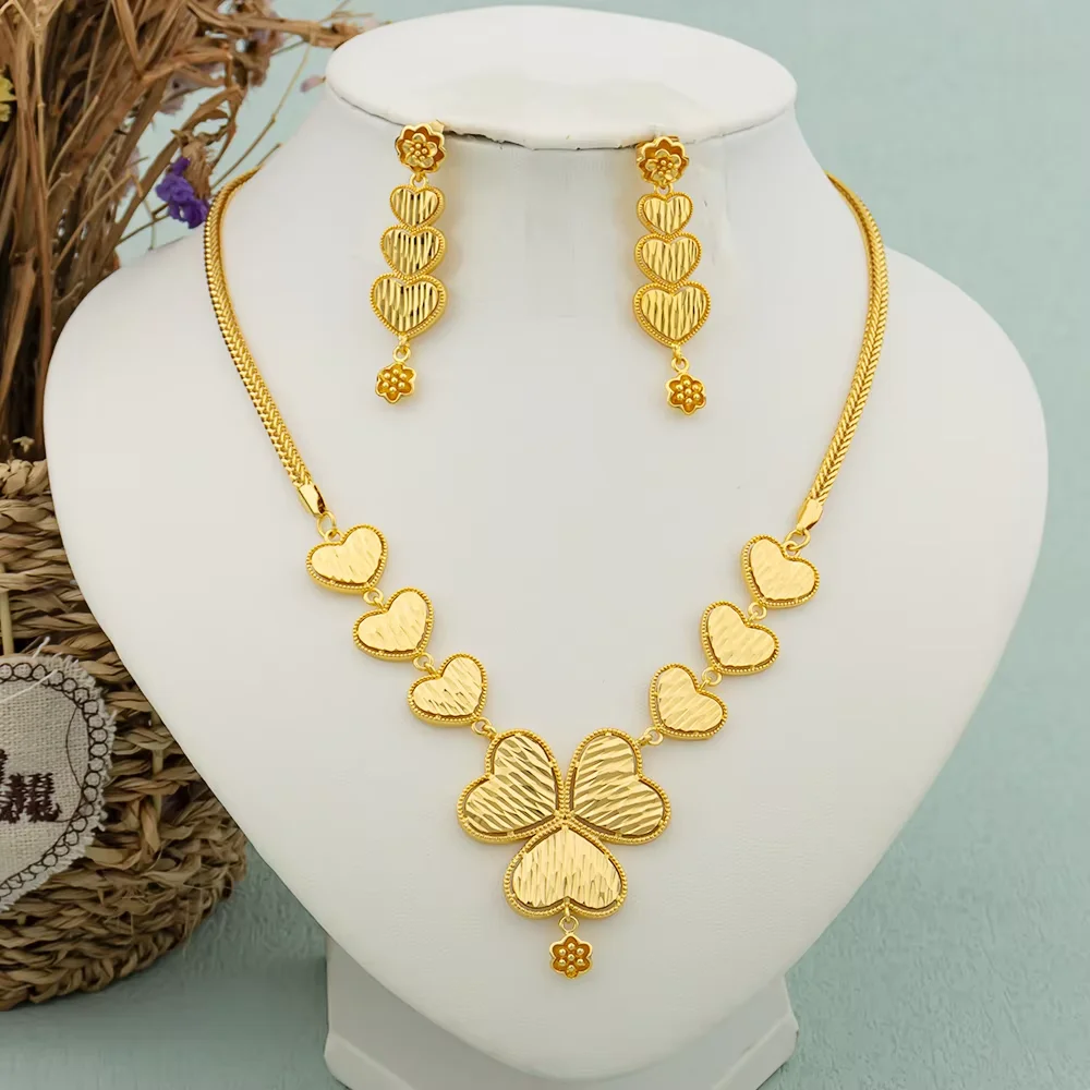 

India Dubai Gold Fashion Jewelry Set Women Bridal Necklace Earring Set Nigeria Necklace Love Necklace Wedding Banquet Accessorie