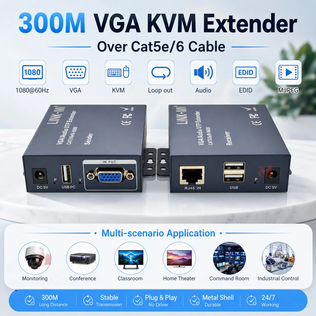 

VGA KVM Extender 300M Over RJ45 Ethernet CAT5e/6 Cable With Audio VGA loop-out Extender Keyboard Mouse 1080P