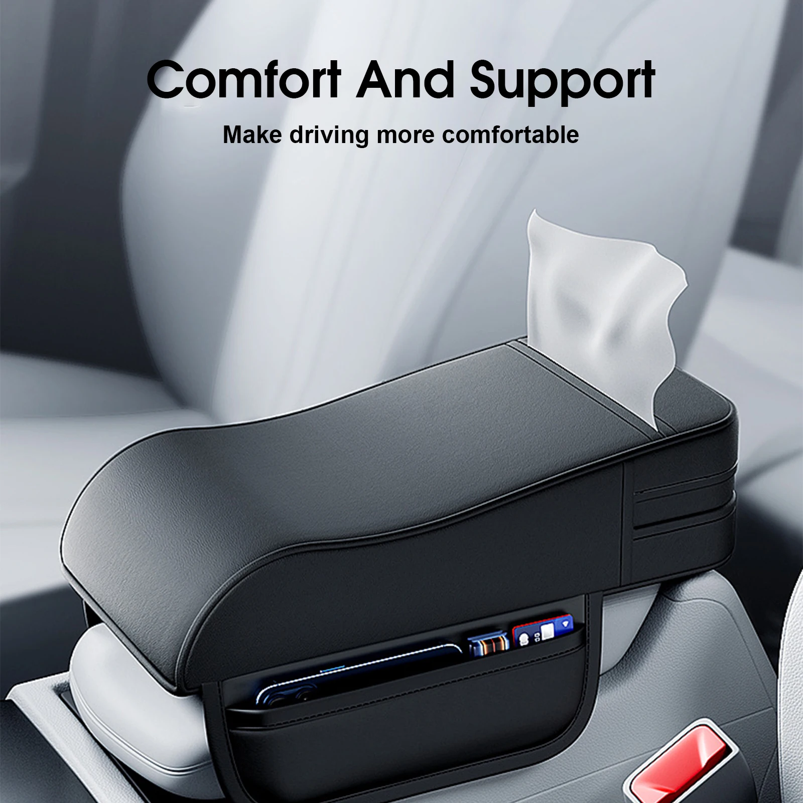 

Car Armrest Box Height Pad Universal Leather Armrest Cushion with Pocket Central Memory Cotton Elbow Support Armrest Storage