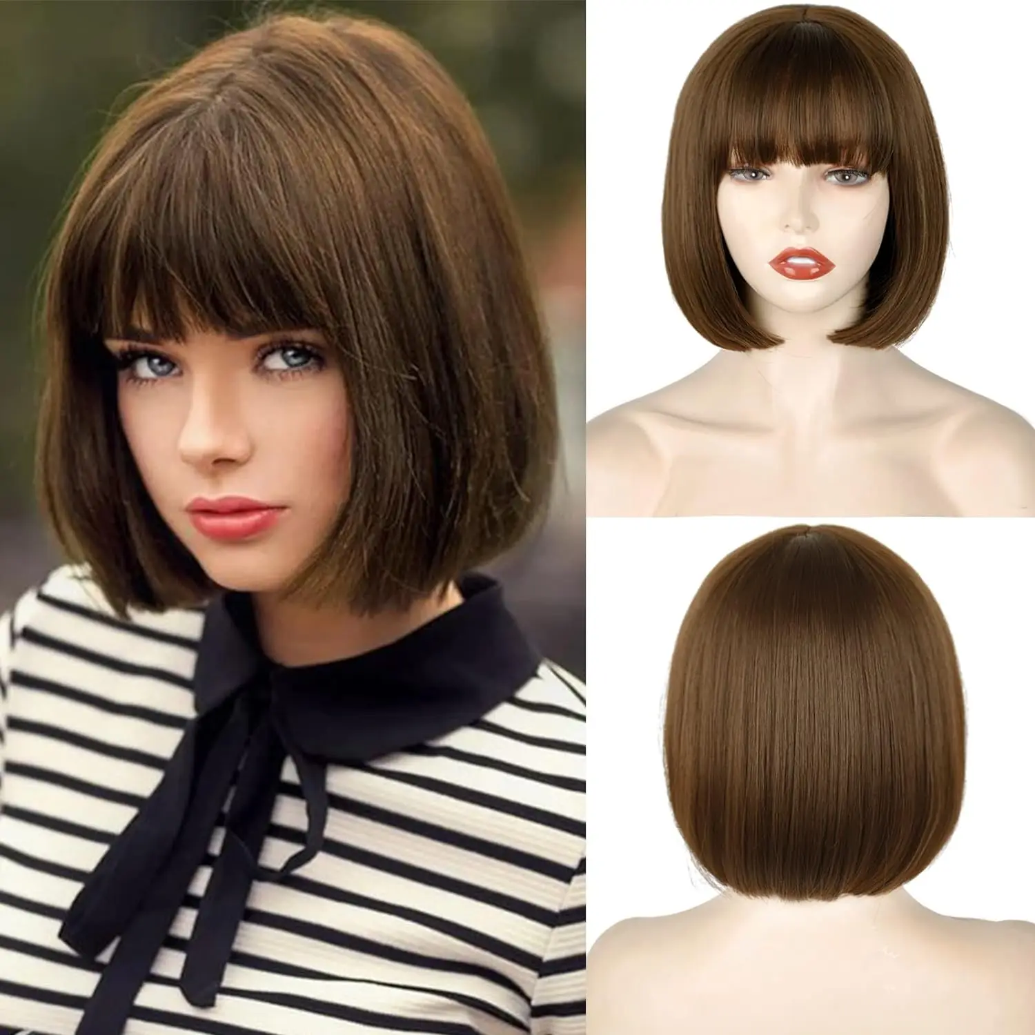 Short Brown Synthetic Bob Wig with Bangs, Heat Resistant Fiber Straight Bob Hairpiece for Women, Natural Look Anime Cosplay