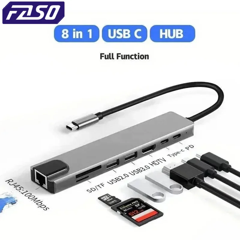 FASO Usb 8 In 1 Type C  To 4k HdTV Hub Adapter With Sd Tf Rj45 Card Reader Pd Fast Charge For Macbook Notebook Computer