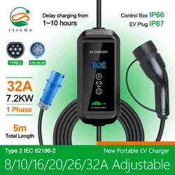 Isigma New Type 1 J1772 Type 2 EV Charger 32A 7.6kw IEC 621962 16A 26A 32A Adjustable Voltage110V-450V Home Use Charging 5m Long