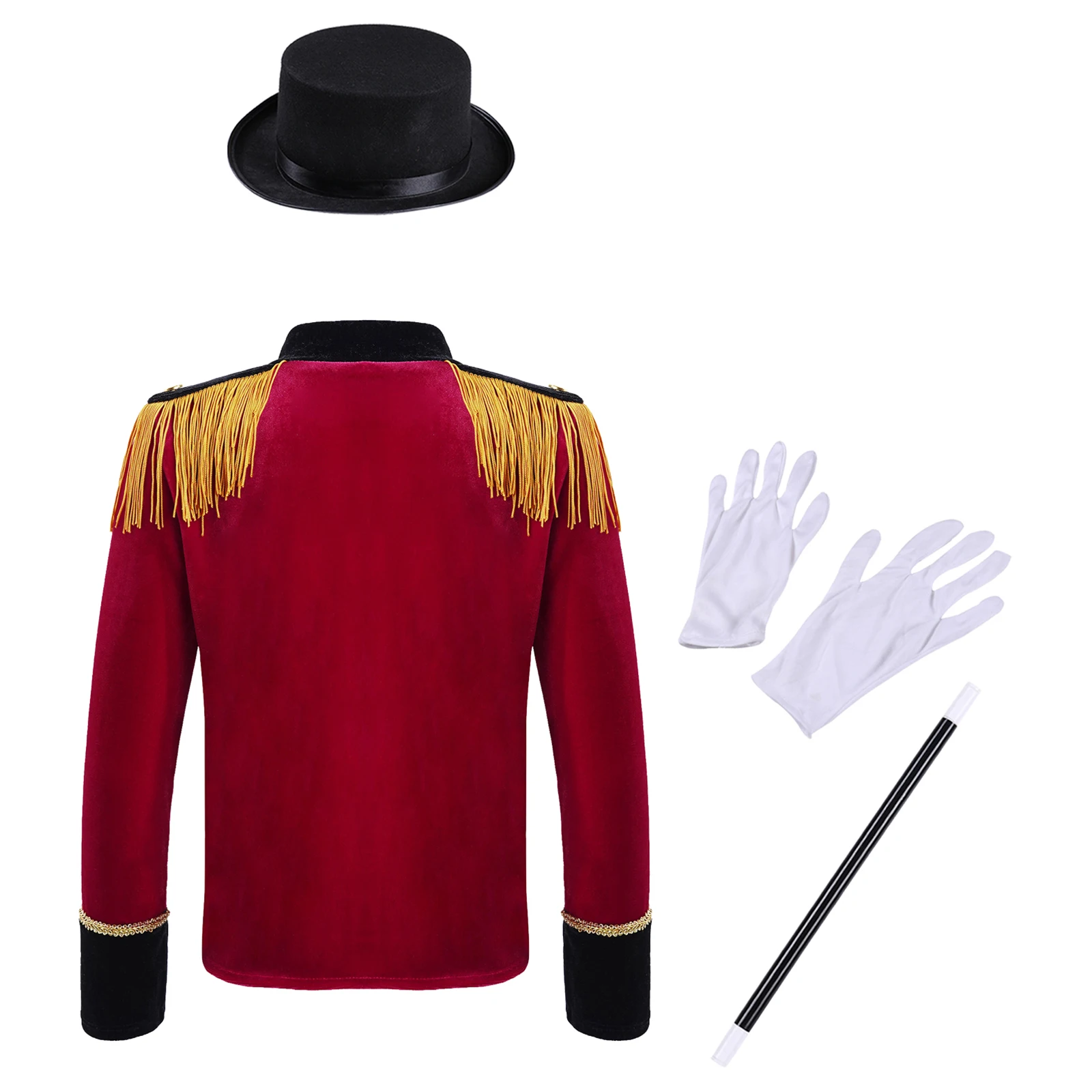 Conjunto de disfraz de circo para niños, manga larga, cuello levantado, borla, Tops de hombro con sombrero, guantes de varita mágica para Cosplay de Halloween