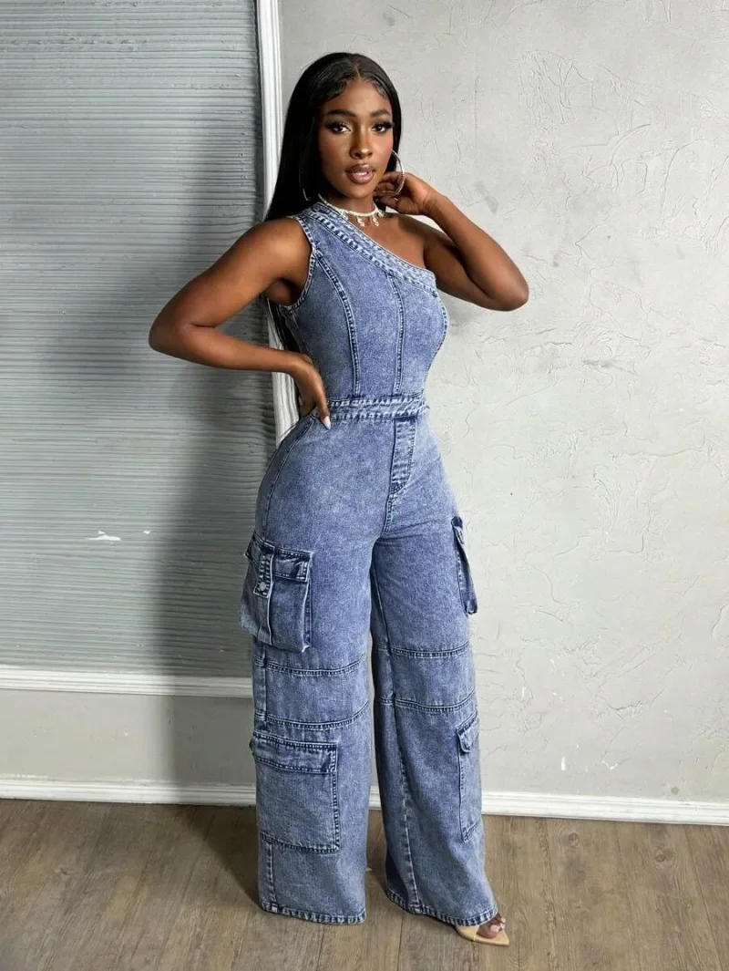 GUWU 2025 Fashion Women’s Jumpsuits One Shoulder High Waist Slim Fit Elastic Washed Denim One Piece Oufit Rompers