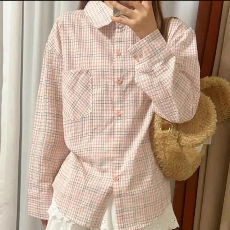 

Fashion Sweet Pink Plaid Polo Collar Long Sleeve Shirt Cotton Women Spring Summer Casual Loose Fit Versatile Cotton Blouse