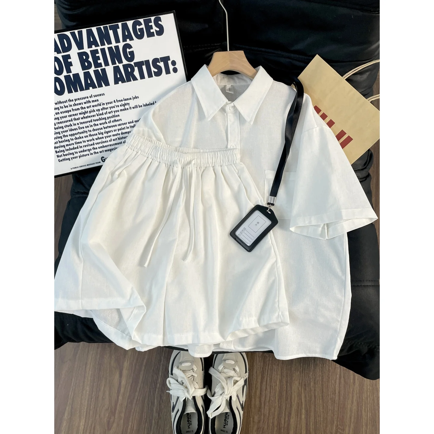 

Laoqianfeng White Shirt Short Sleeve Men's Linen Set Summer Loose High-End Feeling Trendy Vintage Boys Five-Quarter Shorts