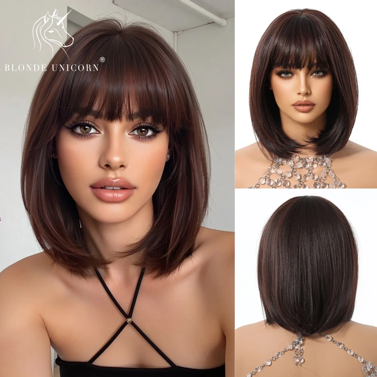 

Dark Brown Short Bob Wig with Bangs Heat Resistant Synthetic Fiber Chin Length Straight Bob Wig for Women Natural Looking Daily