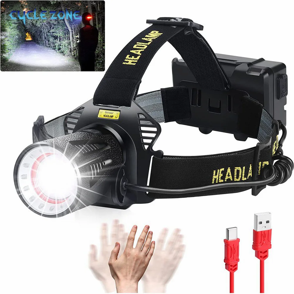 Rechargeable Headlamp 120000 Lumen Super Bright with Motion Sensors 4 Modes Zoomable Head Flashlight for Camping Hunting Fishing