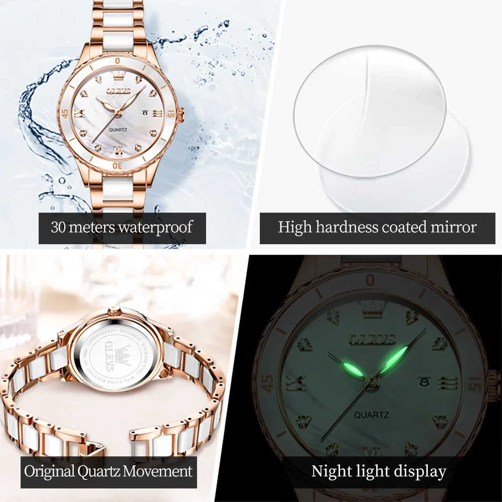 OLEVS-Montres à quartz étanches pour femmes, bracelet en céramique, calendrier Shoe, ensemble de montres originales avec diamants, marque de mode