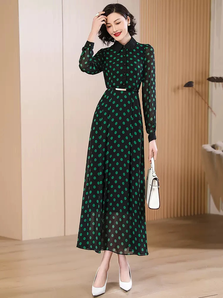 New Women Spring Summer Long Shirt Dress Fashion Turn-down Collar Long Sleeve Polka Dot Dress Elegant Slim Overlength Dress