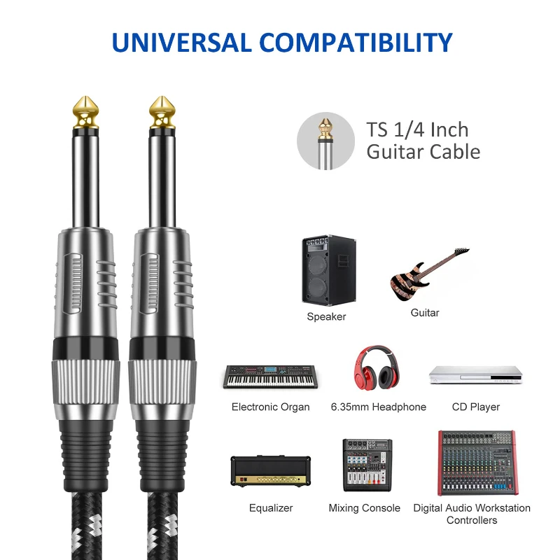 2 Pack TS 6.35 to 6.35 Guitar Cable 6.35 1/4 Inch Mono Jack 6.5mm to 6.5mm Audio Instrument Wire for Bass Mixer Amp Speaker Cord